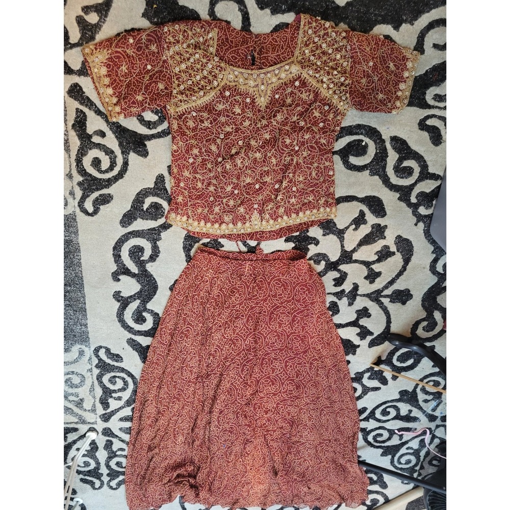 Indian Lehenga Choli Set Burgundy Gold Embroidered Sequin Bandhani Print 2 Piece